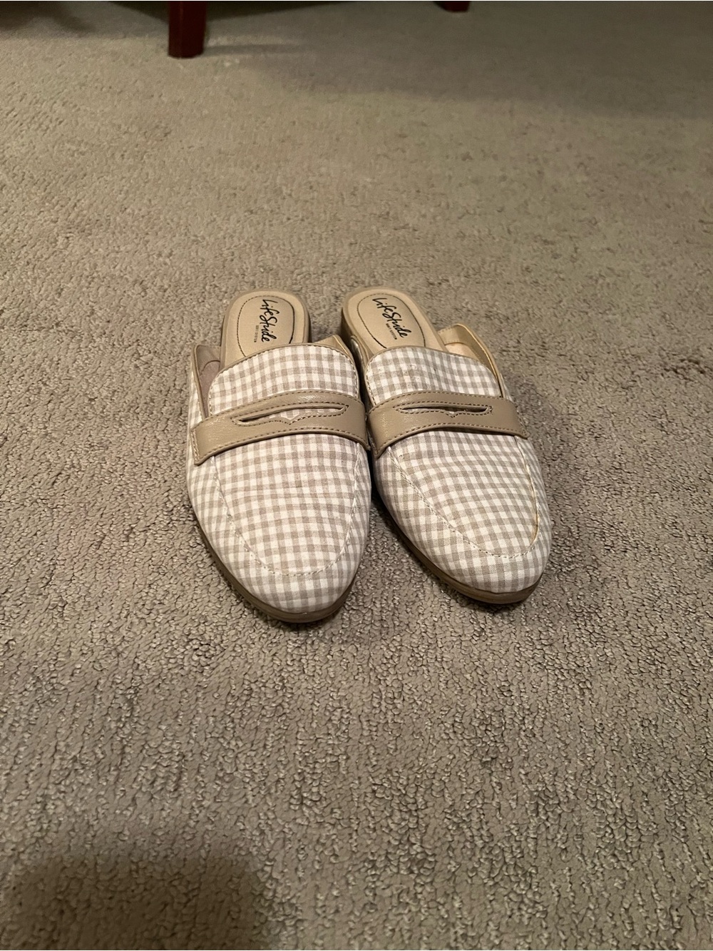 Life Stride Beige and White Gingham Slip-On Mules